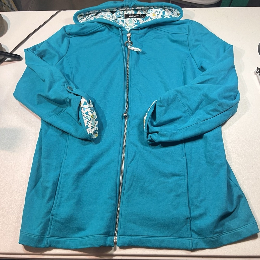 Susan Graver WEEKEND Women's L Teal Hoodie Jacket Full Zip Hearts Roll Sleeve